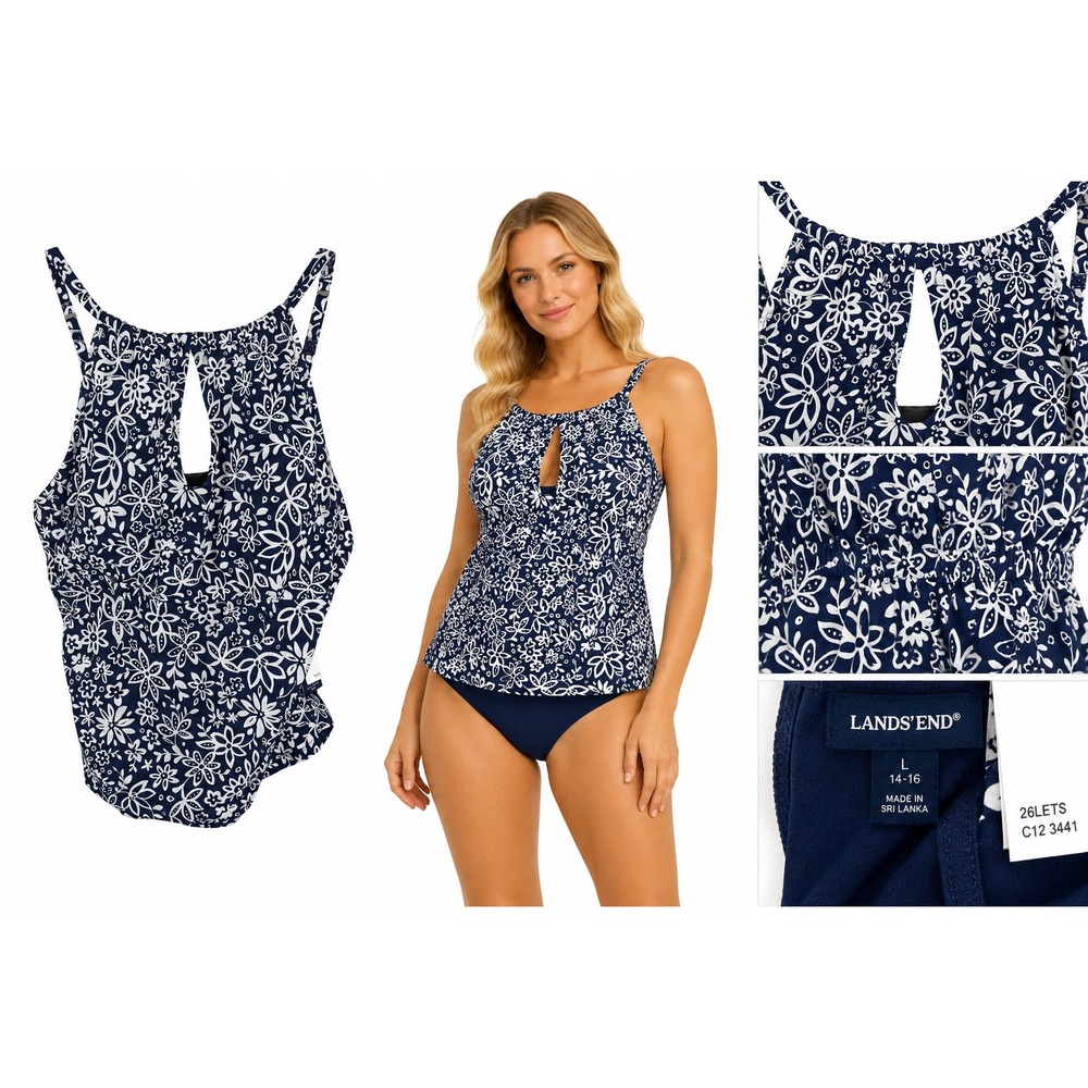 Lands End Tankini Top L Navy Boho Beach Floral High Neck Keyhole Preppy Tropical